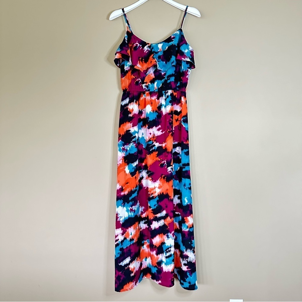Loft Maxi Dress Women 6 Strappy Ruffle Colorful Watercolor Resort Wear Date Nigh